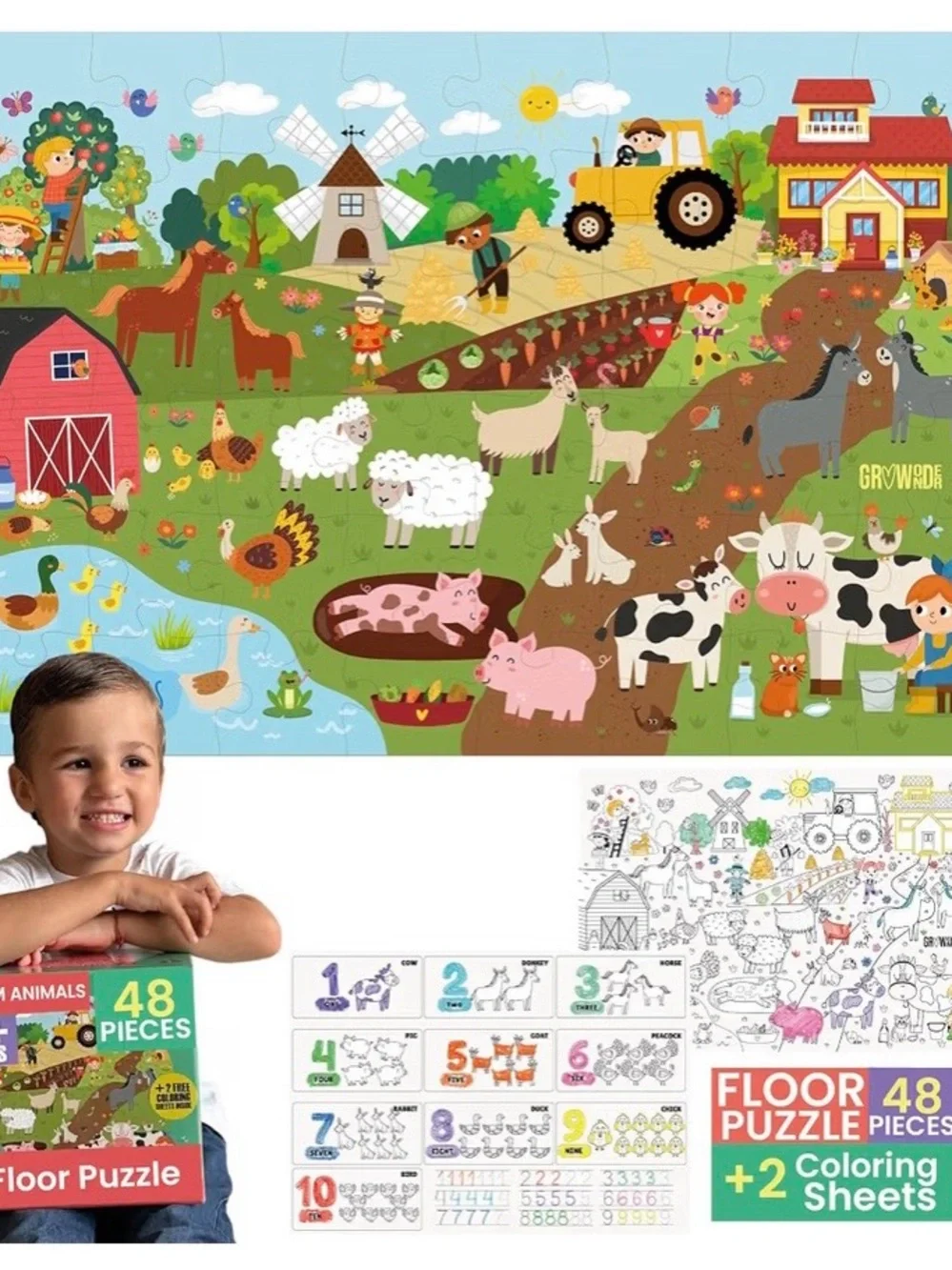 Kids Floor Puzzle - Farm Animals 48-Piece with Coloring Sheets